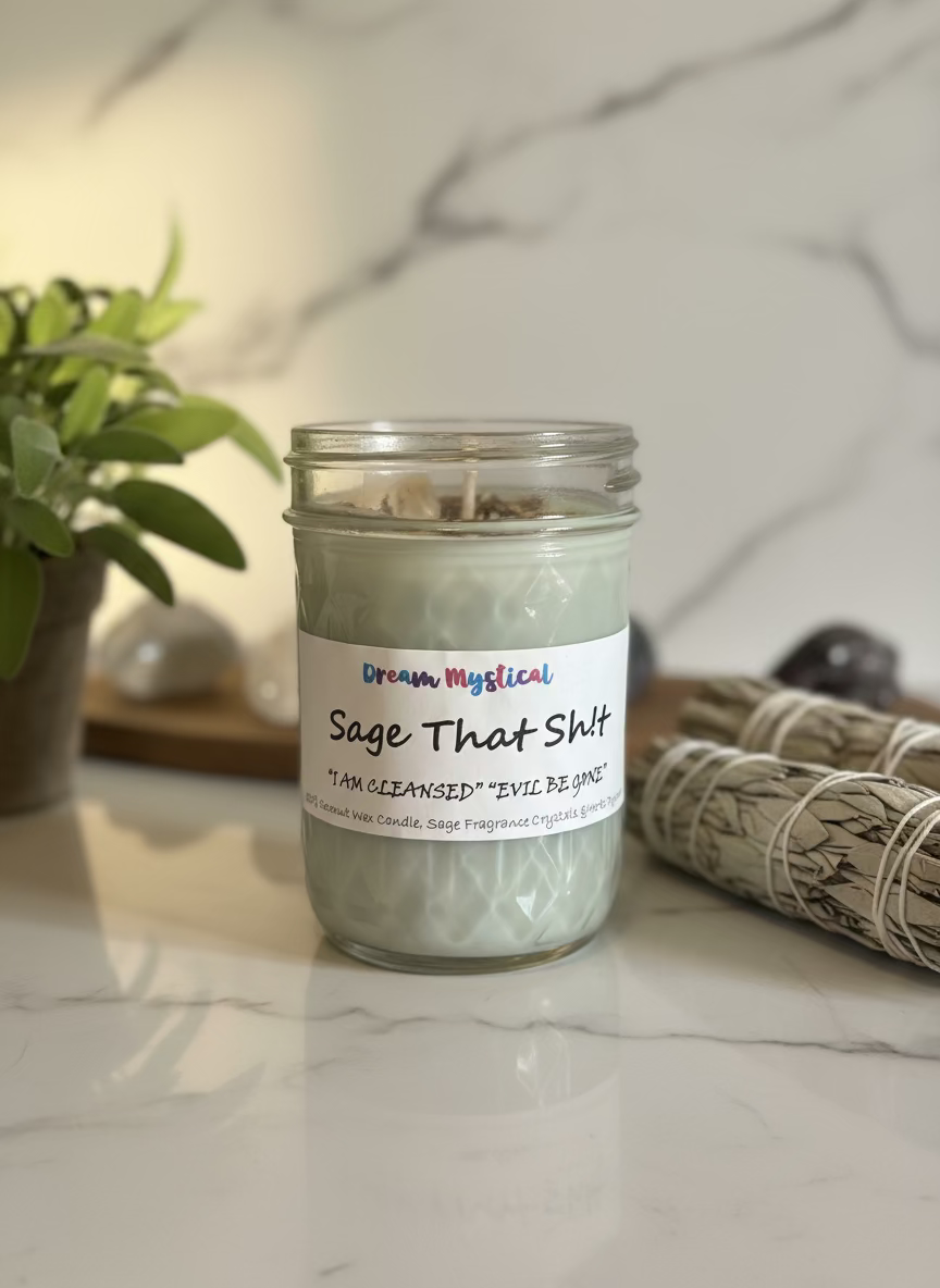 🌿 Sage That Sh!t – “I Am Cleansed, Evil Be Gone” Energy Clearing Protection Candle
