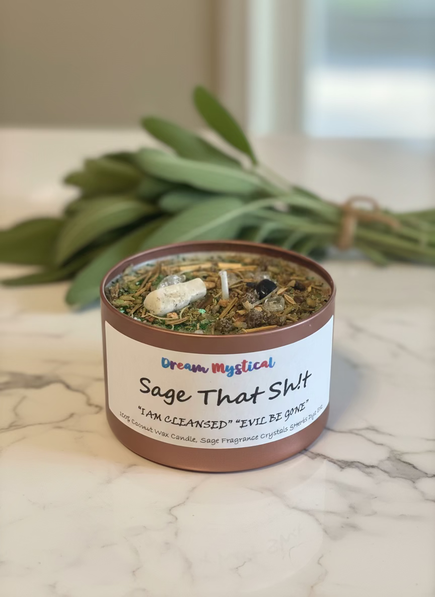 🌿 Sage That Sh!t – “I Am Cleansed, Evil Be Gone” Energy Clearing Protection Candle