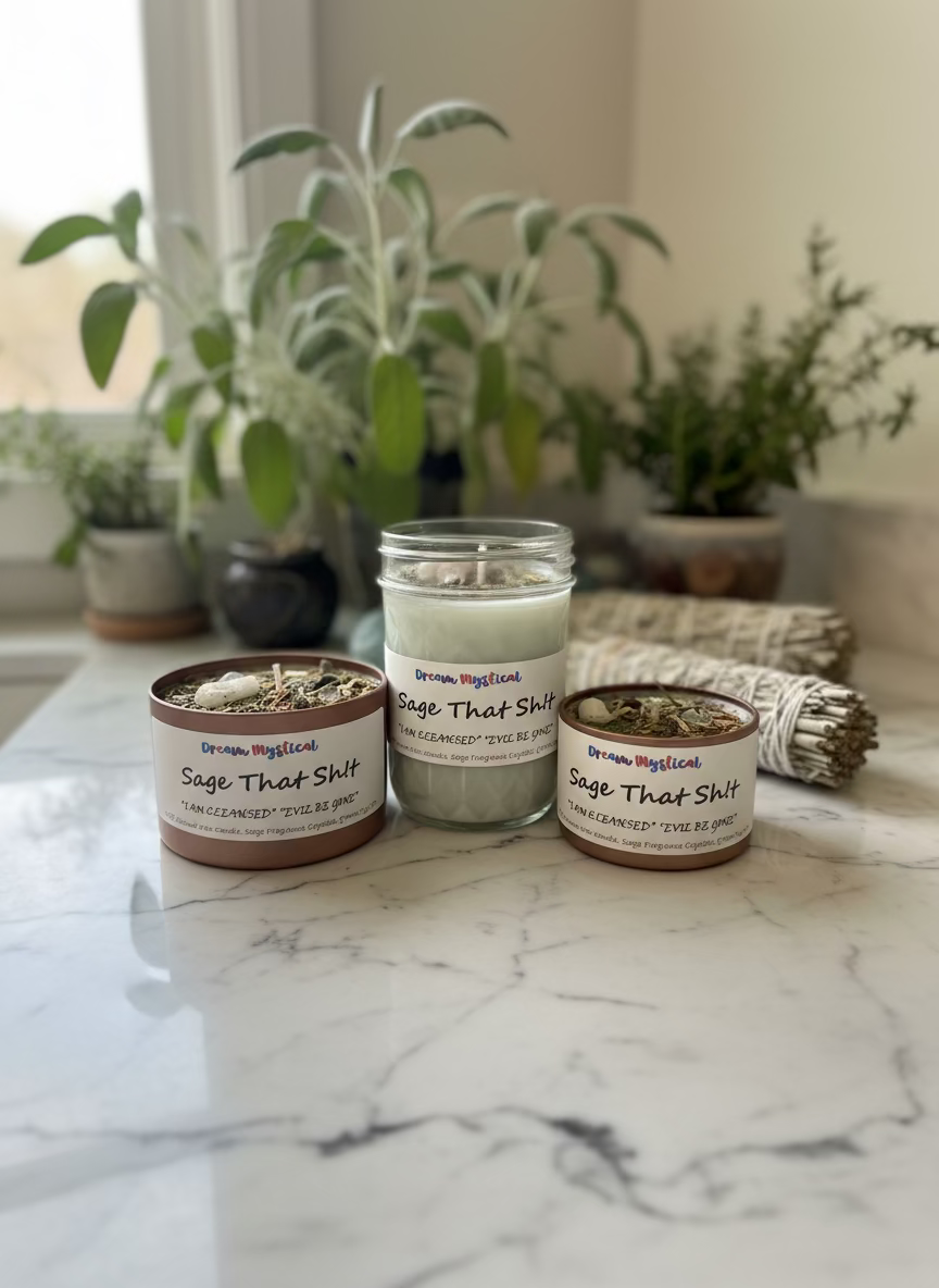 🌿 Sage That Sh!t – “I Am Cleansed, Evil Be Gone” Energy Clearing Protection Candle