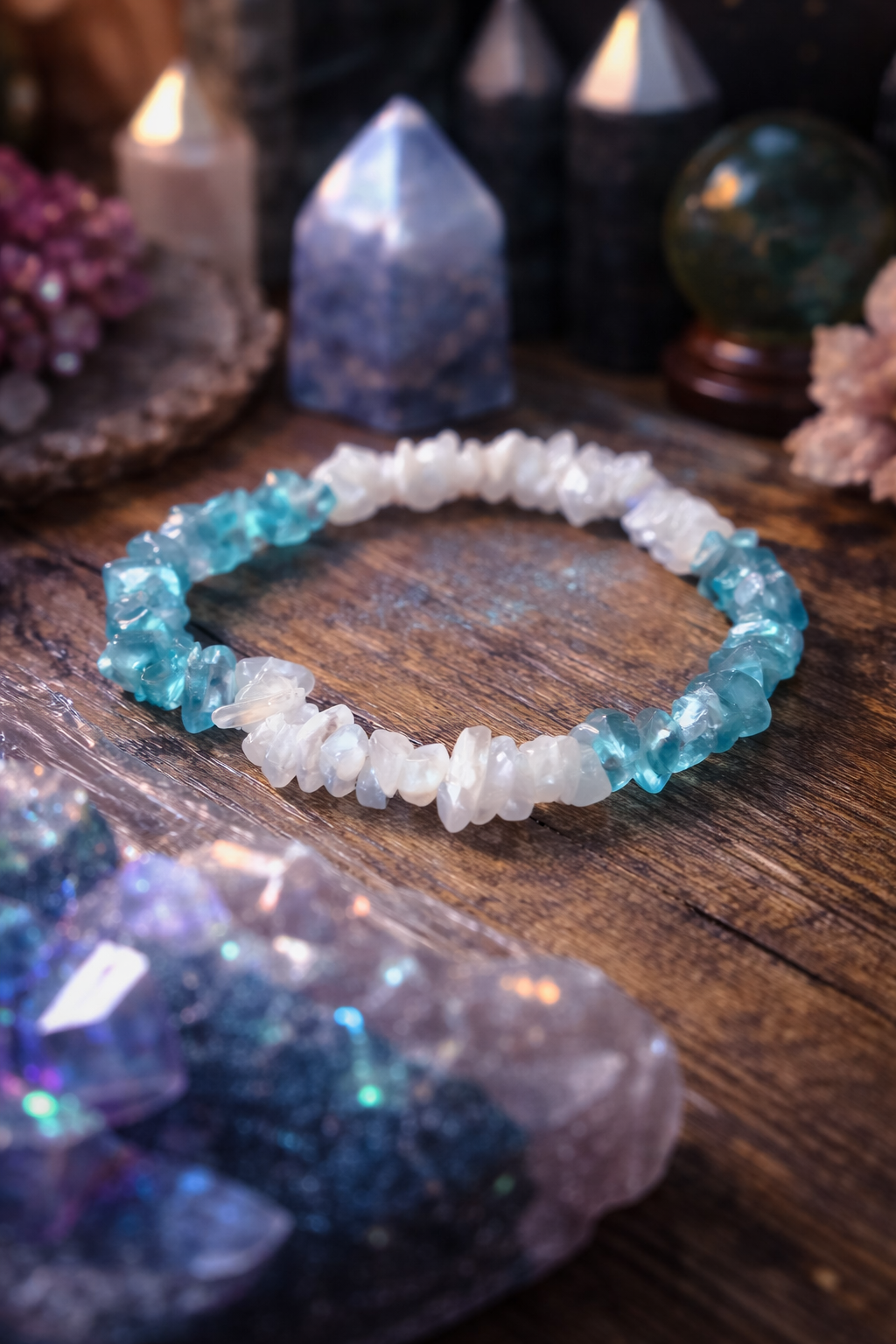 Ocean Moon Harmony – Moonstone & Aquamarine Style Crystal Chip Bracelet