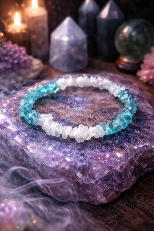 Ocean Moon Harmony – Moonstone & Aquamarine Style Crystal Chip Bracelet