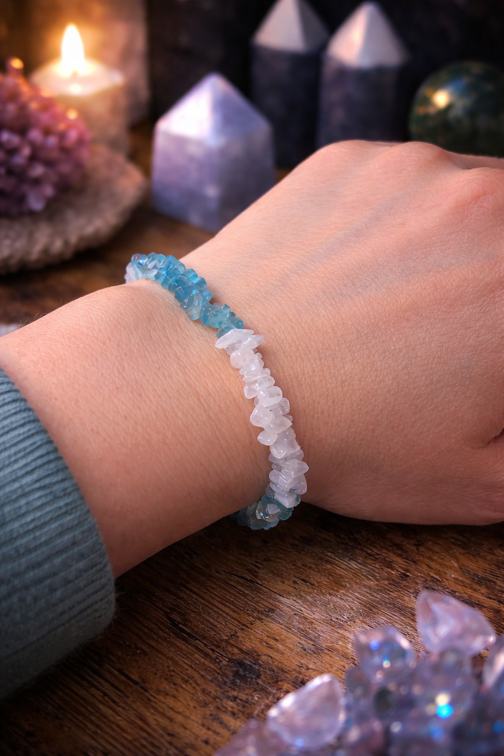 Ocean Moon Harmony – Moonstone & Aquamarine Style Crystal Chip Bracelet