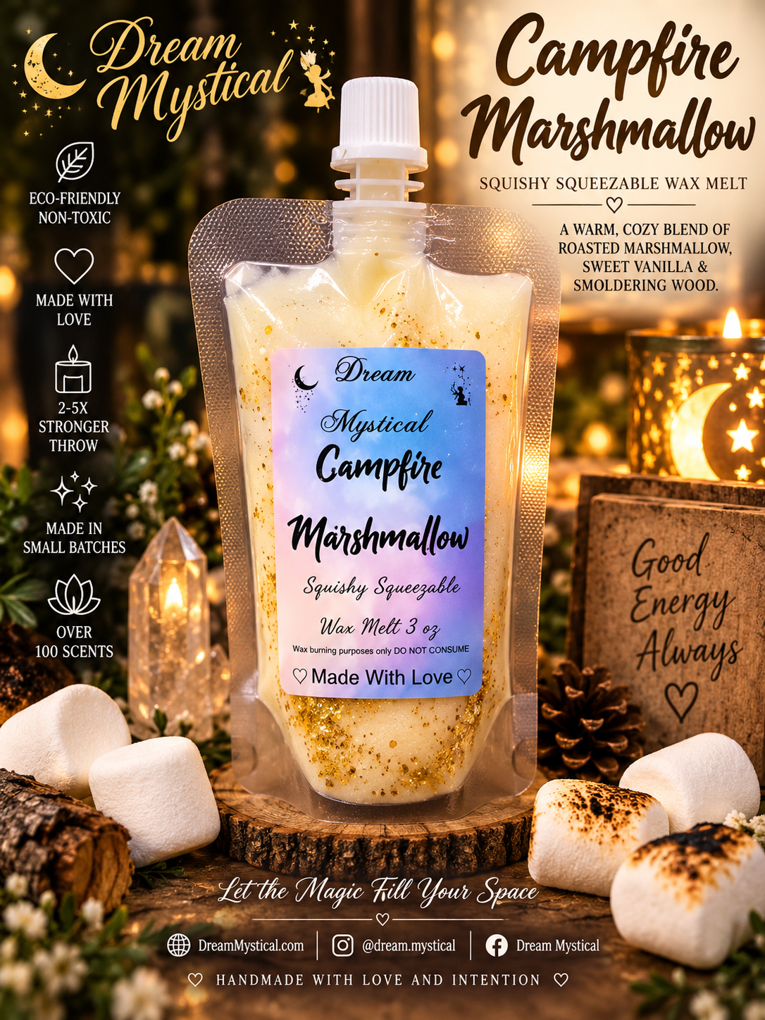 🔥 Campfire Marshmallow Squishy Squeezable Wax Melt | Cozy Fireside Scent 🔥Coconut Wax | Eco-friendly non toxic | Heavy Scent throw 2-4x stronger then candles | Handmade Luxury