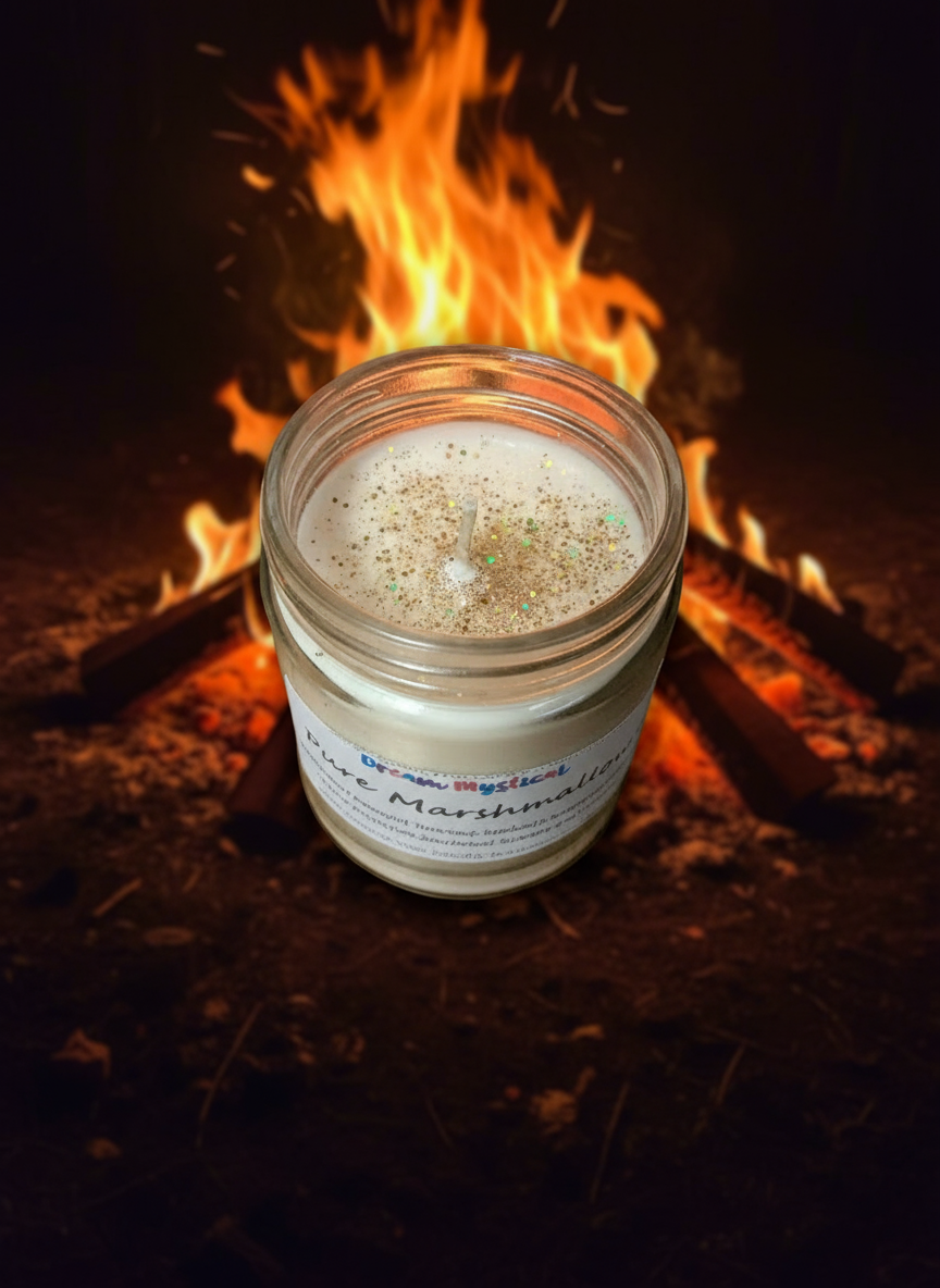 Astral Realms Campfire Marshmallow — Time Travel Shifting Timelines Walking through Portals Connection with the Holy Spirit Grounding Candle for Root & Heart Chakra Healing | Crystals + Herbs | Handmade Coconut Wax Candle