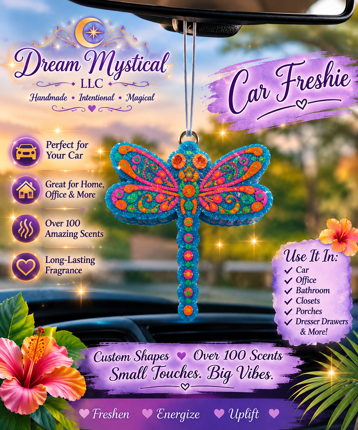 ✨ Enchanted Dragonfly Hand-Painted Car Freshie | Colorful Glitter Air Freshener ✨