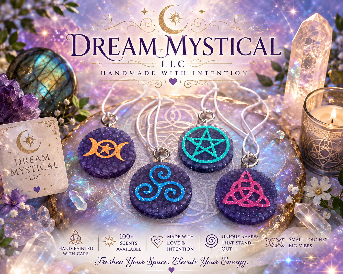 Mystical Celtic Freshie ✨ Hand-Painted Crystal-Inspired Car Air Freshener | Choose Your Symbol & Scent