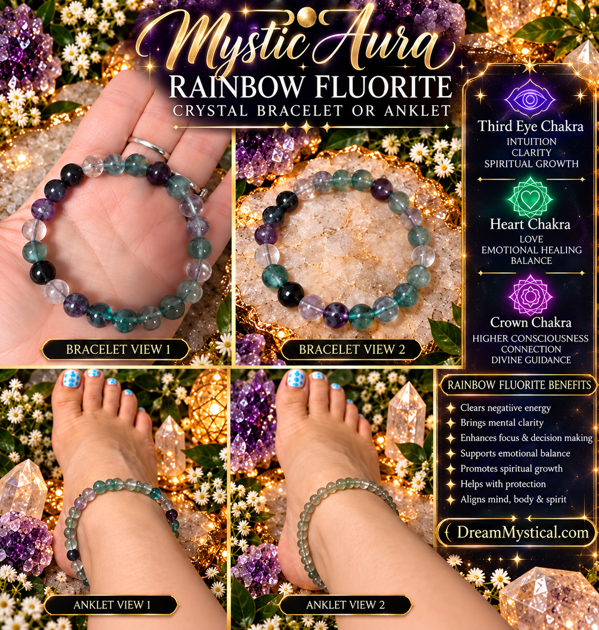 🌈✨ Mystic Aura Rainbow Fluorite Bracelet & Anklet