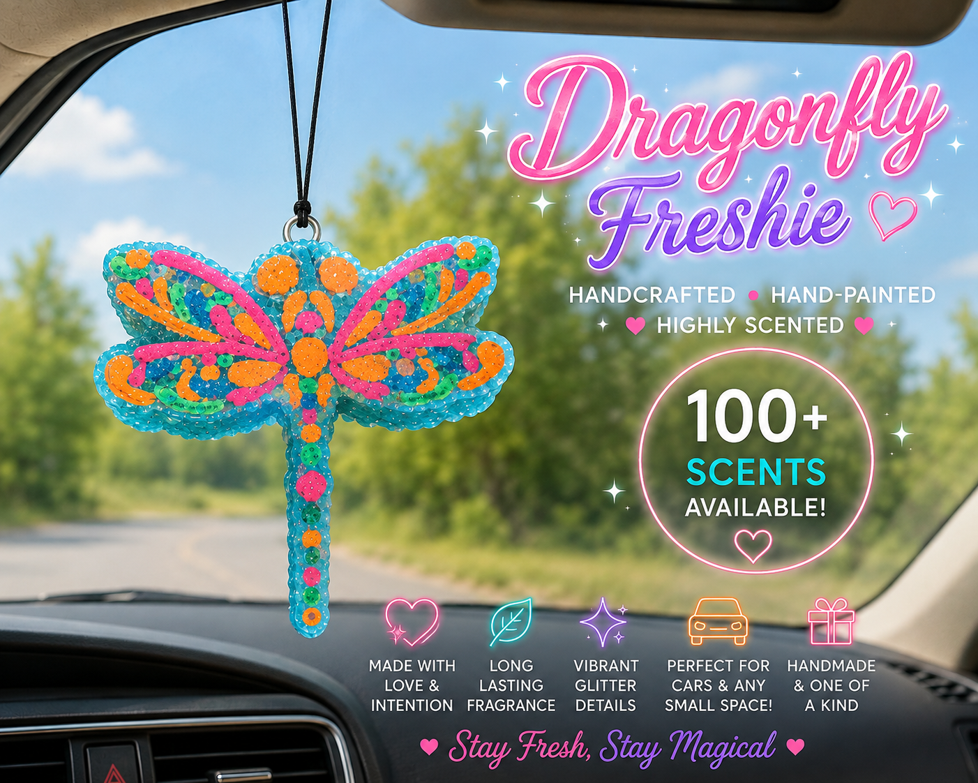✨ Enchanted Dragonfly Hand-Painted Car Freshie | Colorful Glitter Air Freshener ✨