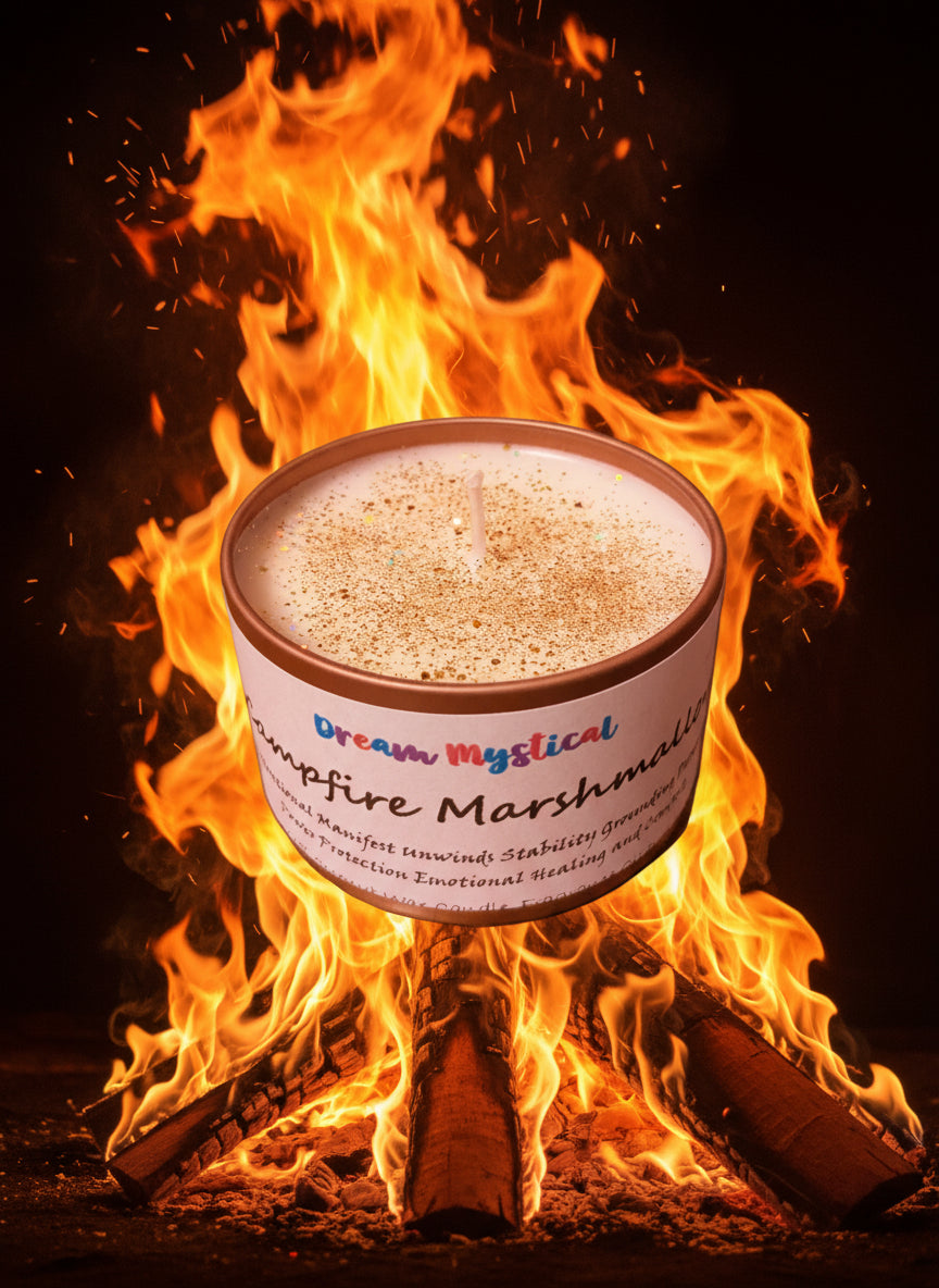 Astral Realms Campfire Marshmallow — Time Travel Shifting Timelines Walking through Portals Connection with the Holy Spirit Grounding Candle for Root & Heart Chakra Healing | Crystals + Herbs | Handmade Coconut Wax Candle