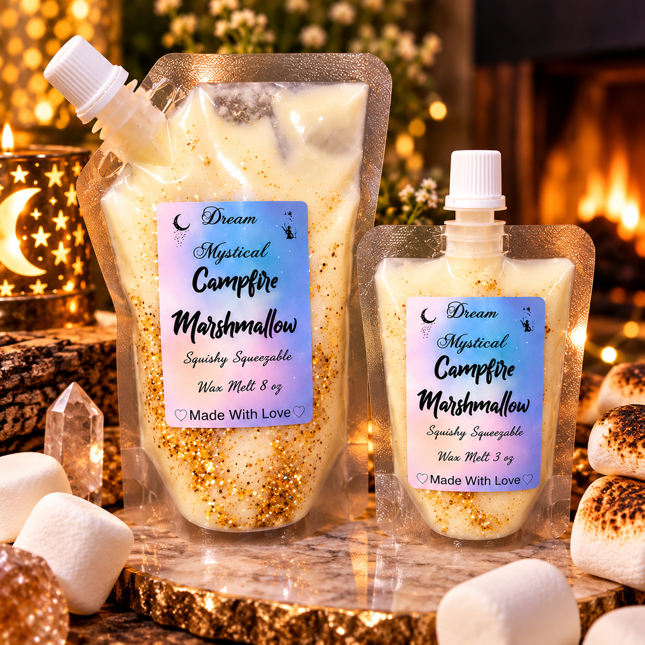 🔥 Campfire Marshmallow Squishy Squeezable Wax Melt | Cozy Fireside Scent 🔥Coconut Wax | Eco-friendly non toxic | Heavy Scent throw 2-4x stronger then candles | Handmade Luxury