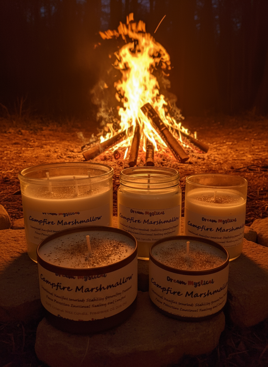 Astral Realms Campfire Marshmallow — Time Travel Shifting Timelines Walking through Portals Connection with the Holy Spirit Grounding Candle for Root & Heart Chakra Healing | Crystals + Herbs | Handmade Coconut Wax Candle