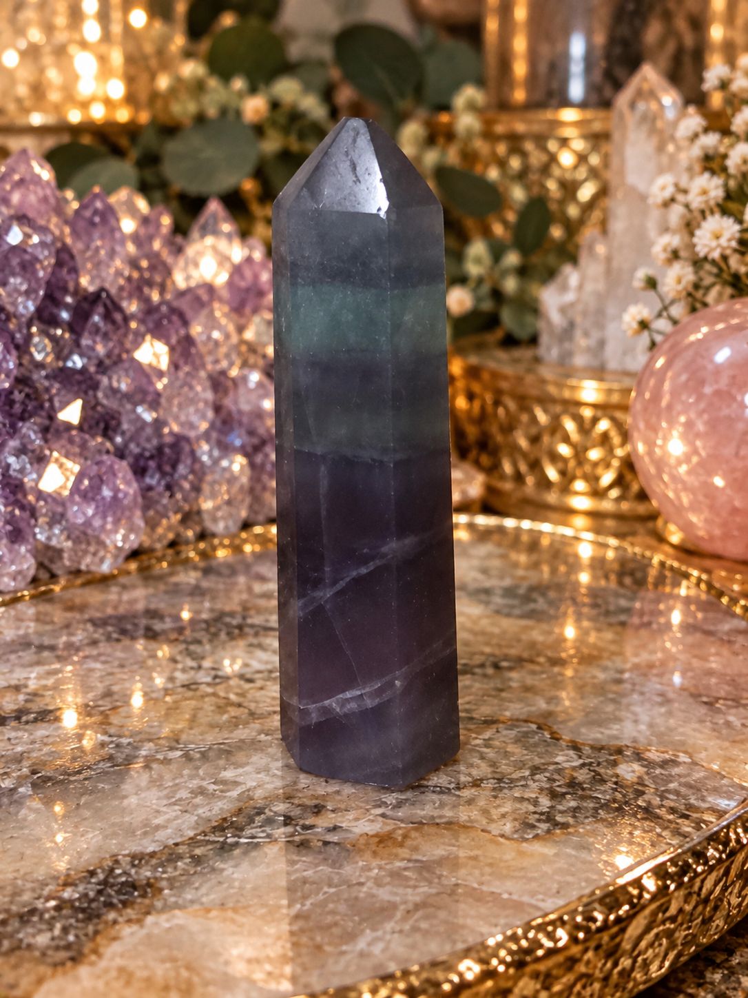 💜🌈 RAINBOW FLUORITE TOWER | PURPLE & GREEN BANDED