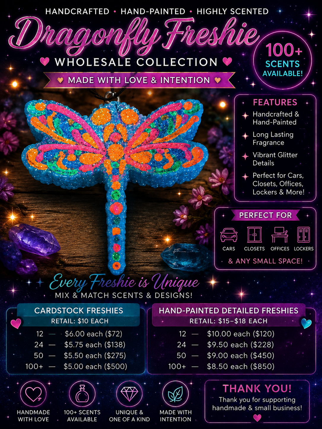 ✨ Enchanted Dragonfly Hand-Painted Car Freshie | Colorful Glitter Air Freshener ✨