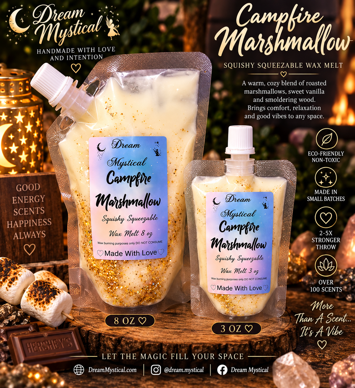 🔥 Campfire Marshmallow Squishy Squeezable Wax Melt | Cozy Fireside Scent 🔥Coconut Wax | Eco-friendly non toxic | Heavy Scent throw 2-4x stronger then candles | Handmade Luxury