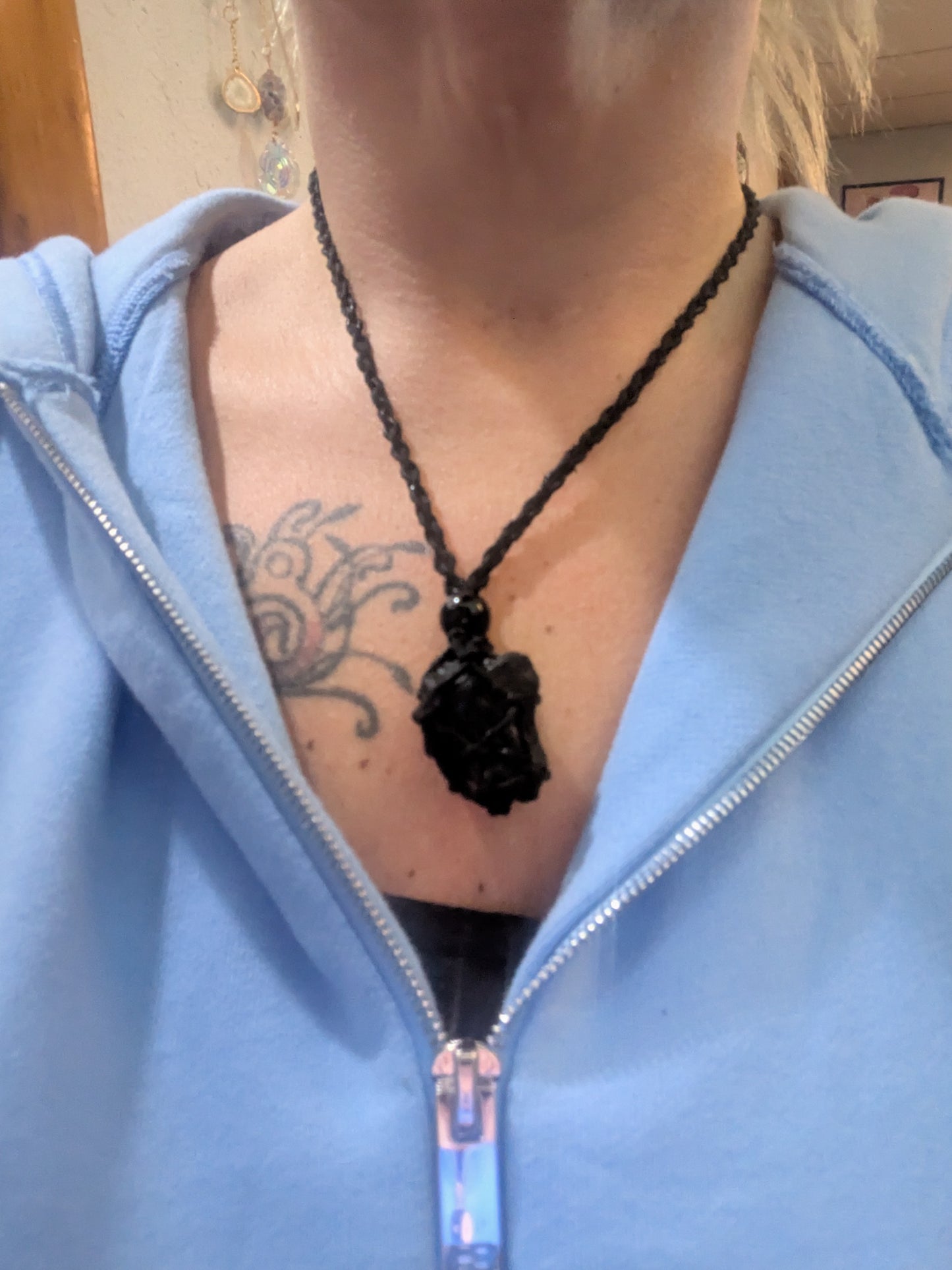 Cosmic Shield Black Tourmaline Reiki Infused Interchangeable adjustable crystal Macrame pouch necklace