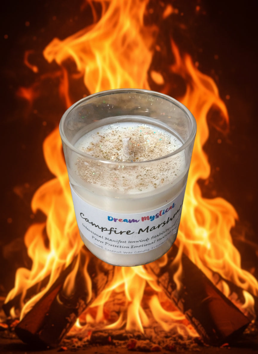 Astral Realms Campfire Marshmallow — Time Travel Shifting Timelines Walking through Portals Connection with the Holy Spirit Grounding Candle for Root & Heart Chakra Healing | Crystals + Herbs | Handmade Coconut Wax Candle